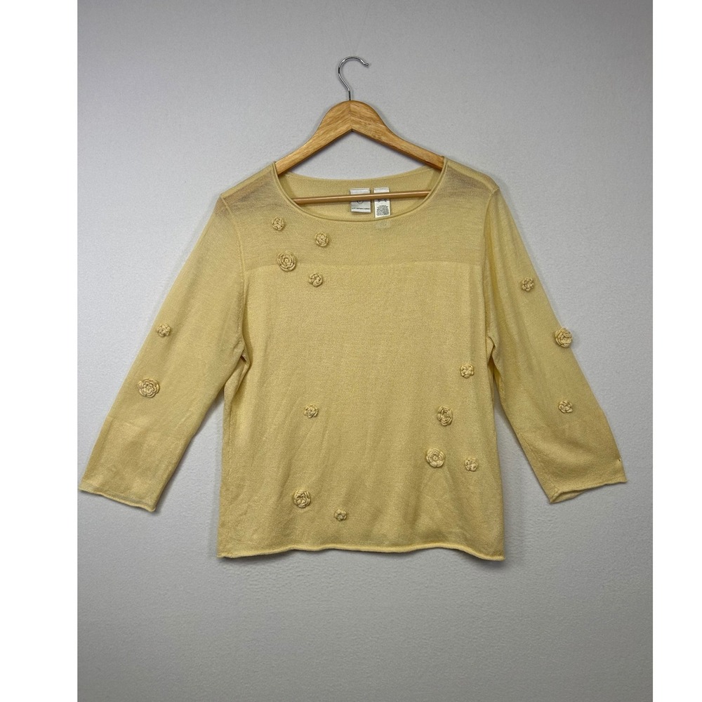 Cottagecore Emma James Womens XL‎ Yellow 3/4 Sleeve 3D Rosette Floral Sweater